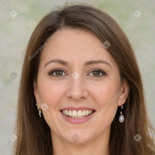 Joyful white young-adult female with long  brown hair and green eyes