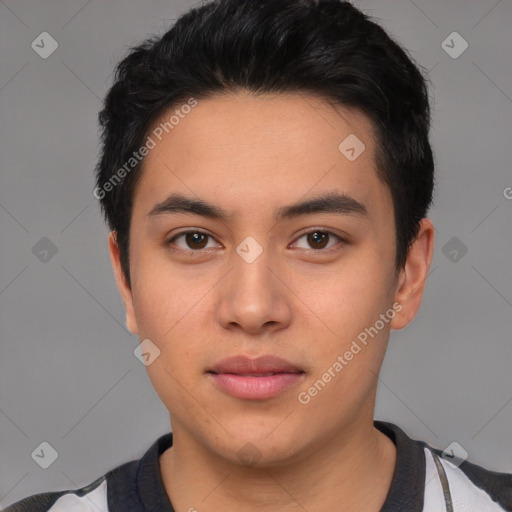 Neutral white young-adult male with short  black hair and brown eyes