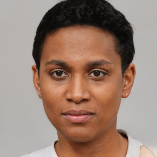 Neutral black young-adult female with short  black hair and brown eyes