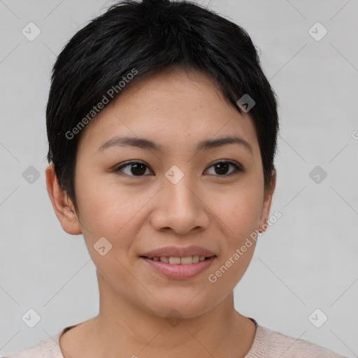 Joyful asian young-adult female with short  brown hair and brown eyes