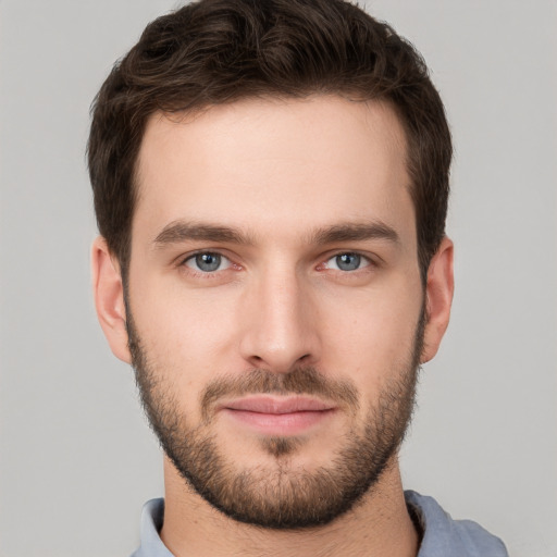 Neutral white young-adult male with short  brown hair and grey eyes