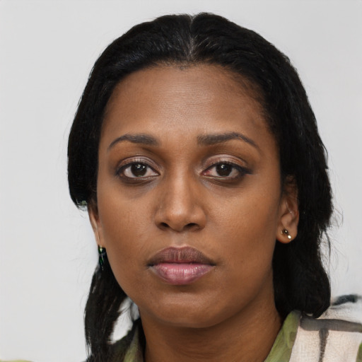 Neutral asian young-adult female with medium  black hair and brown eyes