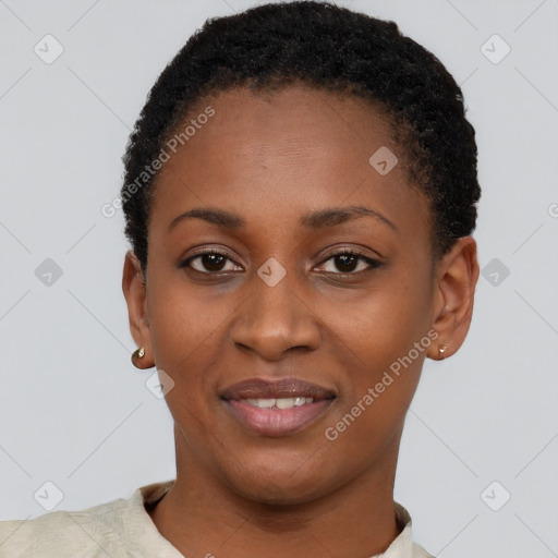 Joyful latino young-adult female with short  black hair and brown eyes