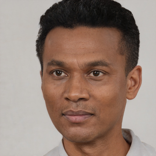 Joyful black young-adult male with short  black hair and brown eyes