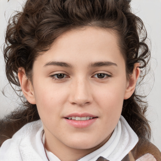 Joyful white child female with medium  brown hair and brown eyes