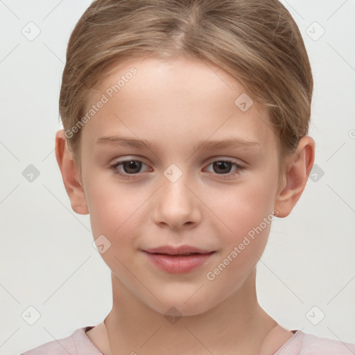 Joyful white child female with short  brown hair and brown eyes