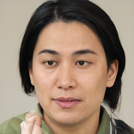 Joyful asian young-adult male with medium  brown hair and brown eyes