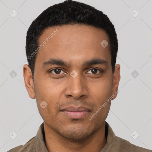 Neutral latino young-adult male with short  black hair and brown eyes