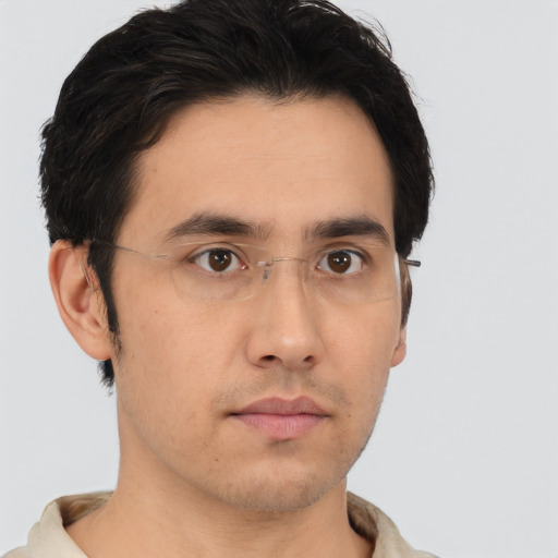 Neutral asian young-adult male with short  brown hair and brown eyes