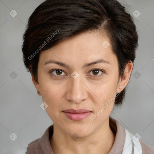Joyful white young-adult female with medium  brown hair and brown eyes