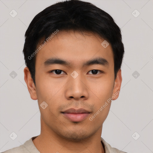 Neutral asian young-adult male with short  black hair and brown eyes