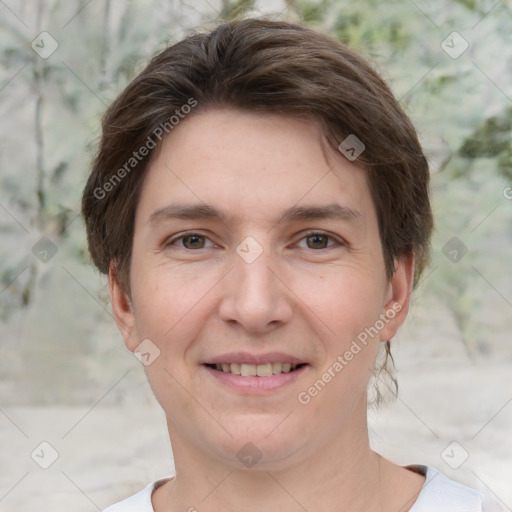 Joyful white adult male with short  brown hair and grey eyes