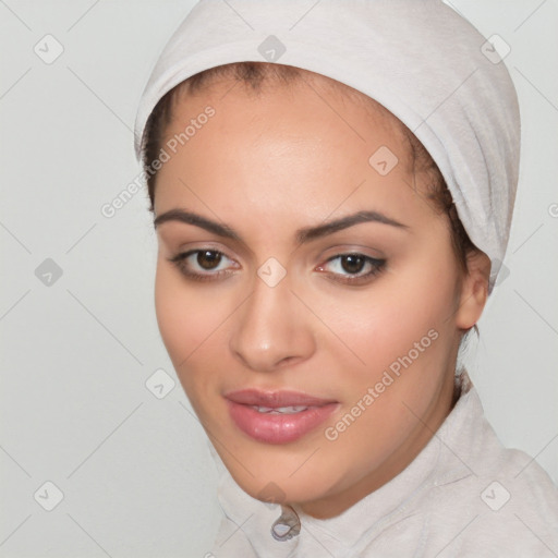 Joyful white young-adult female with medium  black hair and brown eyes