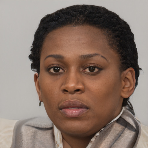 Neutral black young-adult female with short  brown hair and brown eyes