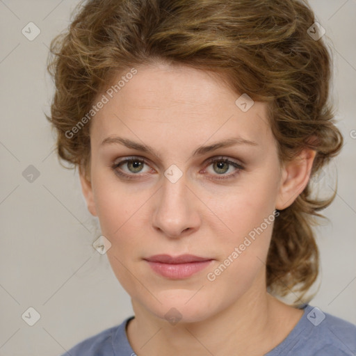 Joyful white young-adult female with medium  brown hair and green eyes