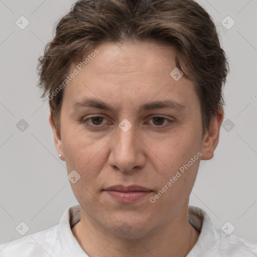 Joyful white adult female with short  brown hair and brown eyes