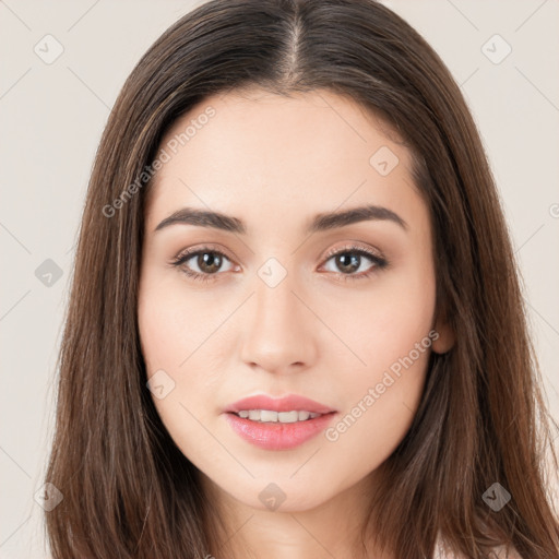 Neutral white young-adult female with long  brown hair and brown eyes