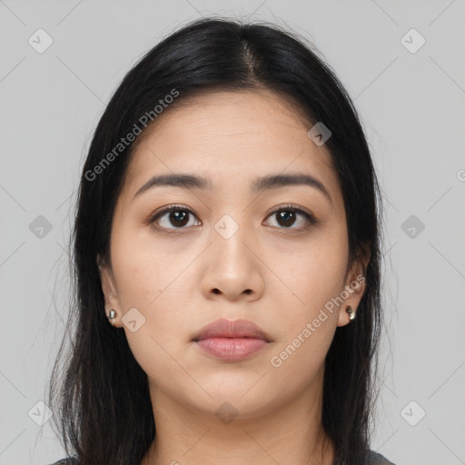 Neutral asian young-adult female with long  brown hair and brown eyes