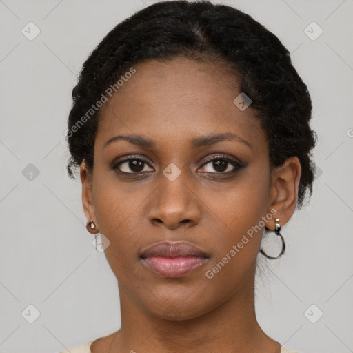 Neutral black young-adult female with short  black hair and brown eyes