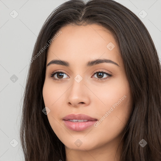 Neutral white young-adult female with long  brown hair and brown eyes