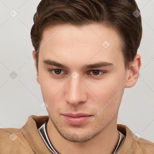 Neutral white young-adult male with short  brown hair and grey eyes