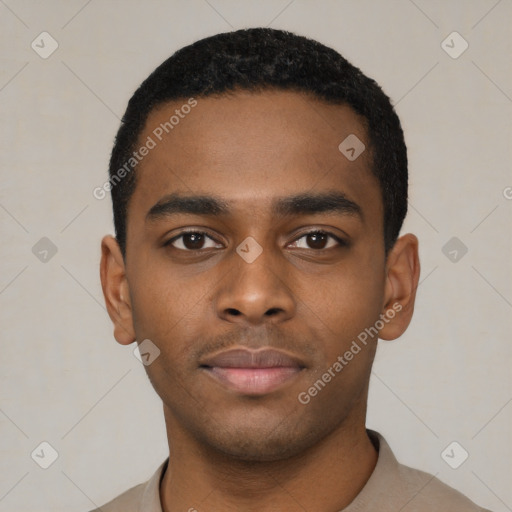 Neutral black young-adult male with short  black hair and brown eyes