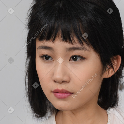 Neutral asian young-adult female with medium  brown hair and brown eyes