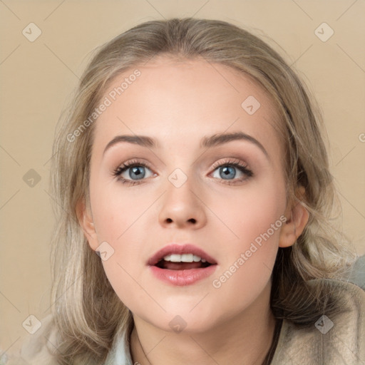 Neutral white young-adult female with medium  brown hair and blue eyes