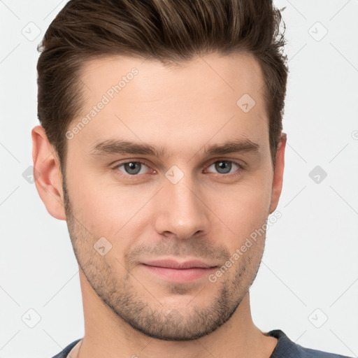 Neutral white young-adult male with short  brown hair and brown eyes