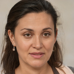 Joyful white adult female with long  brown hair and brown eyes