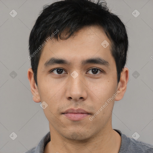 Neutral asian young-adult male with short  black hair and brown eyes