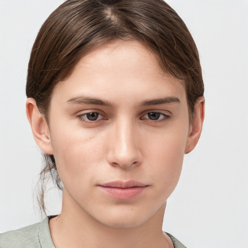 Neutral white young-adult female with short  brown hair and brown eyes