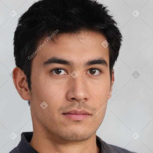 Neutral asian young-adult male with short  brown hair and brown eyes