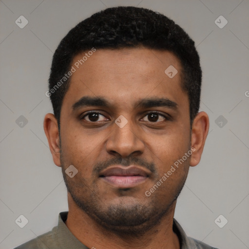 Neutral black young-adult male with short  black hair and brown eyes