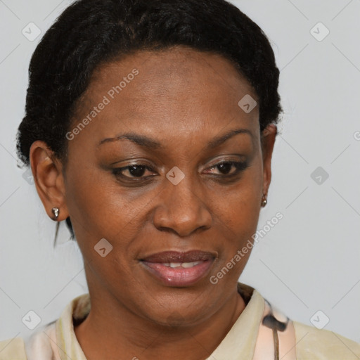Joyful black adult female with short  brown hair and brown eyes