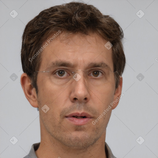 Neutral white adult male with short  brown hair and brown eyes