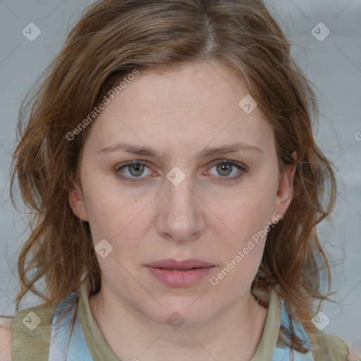 Joyful white young-adult female with medium  brown hair and blue eyes