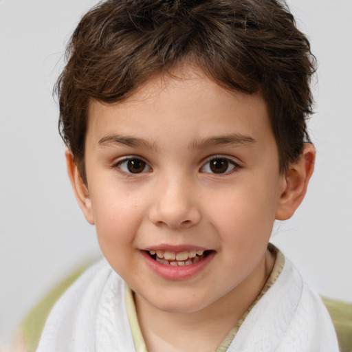 Joyful white child female with short  brown hair and brown eyes