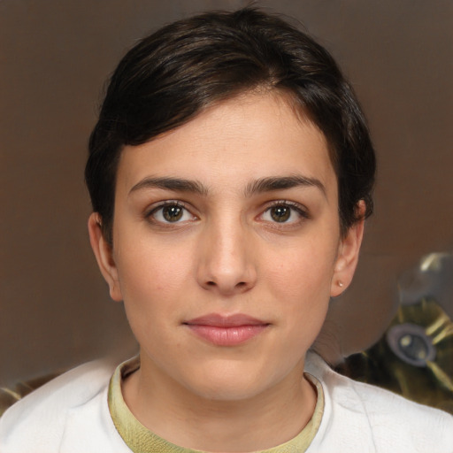 Neutral white young-adult female with medium  brown hair and brown eyes