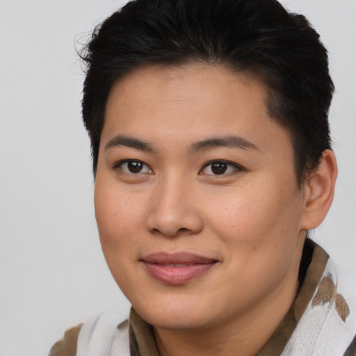 Joyful asian young-adult female with medium  brown hair and brown eyes