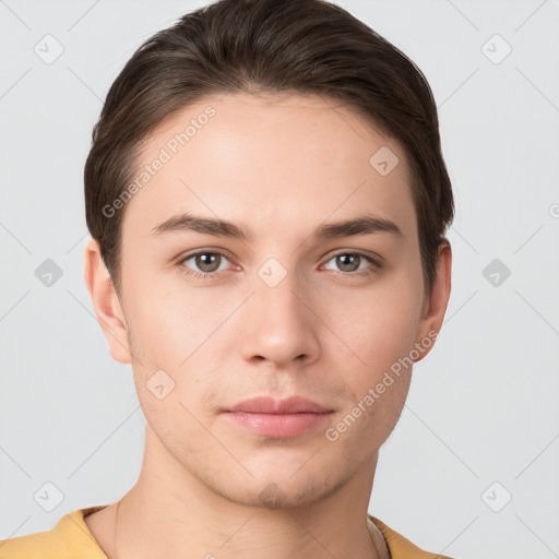 Neutral white young-adult male with short  brown hair and brown eyes