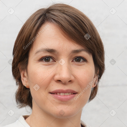 Joyful white adult female with medium  brown hair and brown eyes