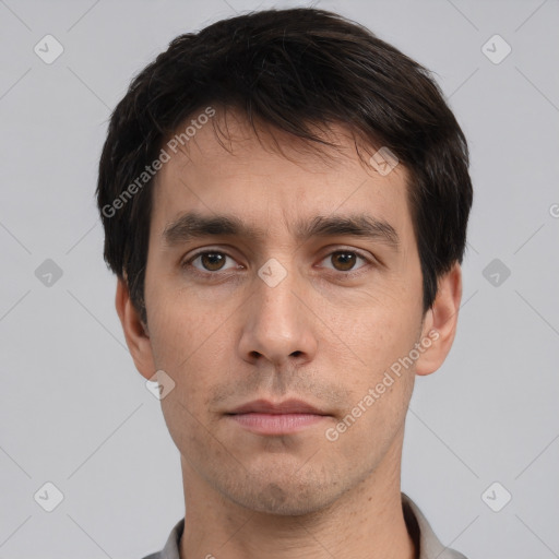 Neutral white adult male with short  black hair and brown eyes