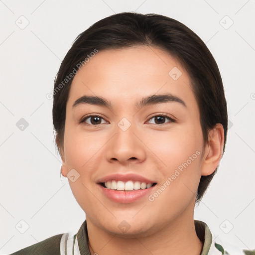 Joyful white young-adult female with short  brown hair and brown eyes