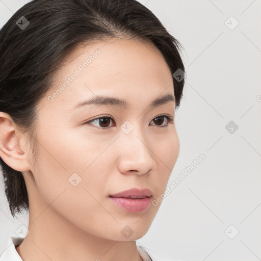 Neutral white young-adult female with medium  brown hair and brown eyes