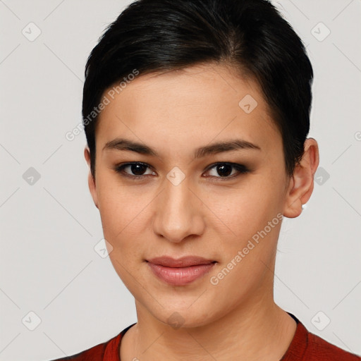 Joyful latino young-adult female with short  brown hair and brown eyes