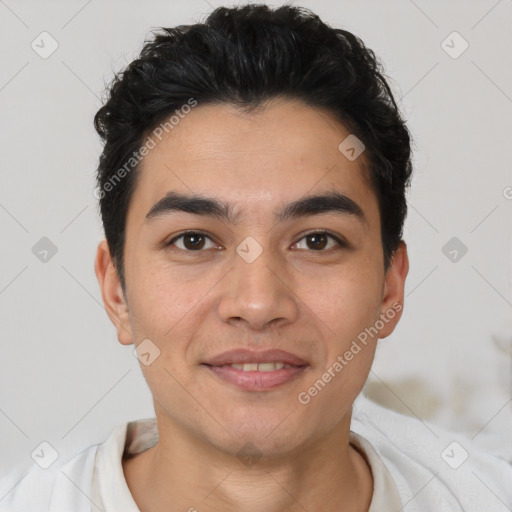 Joyful latino young-adult male with short  black hair and brown eyes