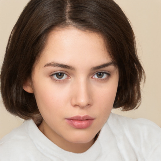 Neutral white young-adult female with medium  brown hair and brown eyes