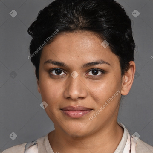 Joyful latino young-adult female with short  brown hair and brown eyes