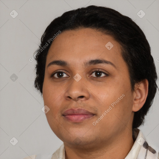 Joyful latino young-adult female with short  black hair and brown eyes